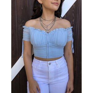 Privy light blue, ruffled, off-the-shoulder crop top size small‎